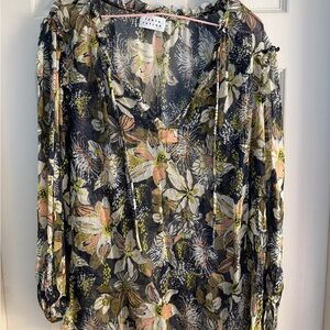 Tanya Taylor Navy Ruffled 3/4 Sleeve Blouse